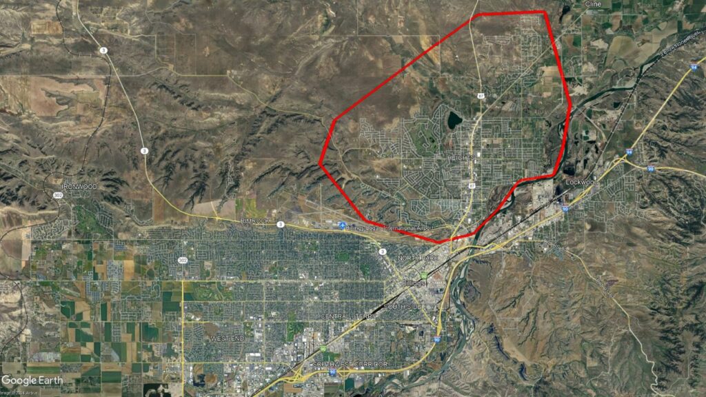 overhead map view of the Billings heights relative to the rest of the city